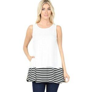 Zenana Women's Wide Strap Tank Top -White and Blue Solid Stripe‎ Contrast Size S